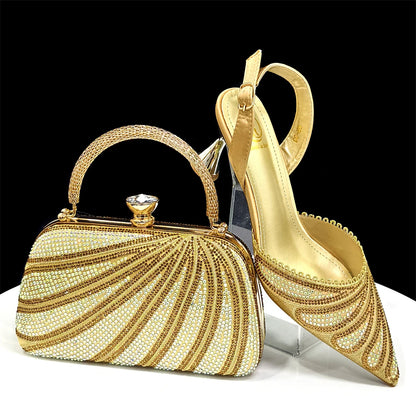 New Green Colour Pointed-Toe Diamond-Studded Party Women's High Heels Gorgeous Parties Shoes and Bag to Match