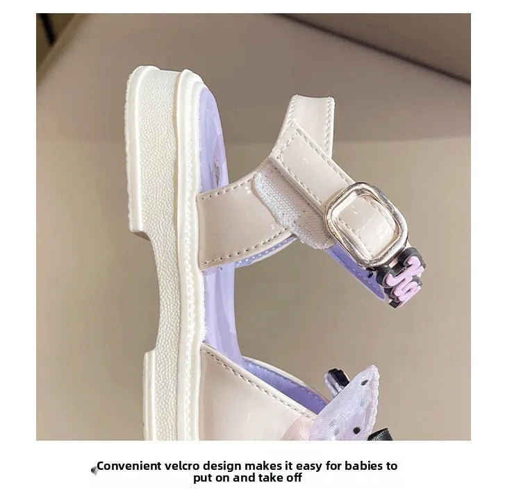 Kids'Sandals Kuromi PU Leather Bow Flat Spring Shoes For Girls Anti-slip Soft Thick Bottom White Black Shoes Size 25-36