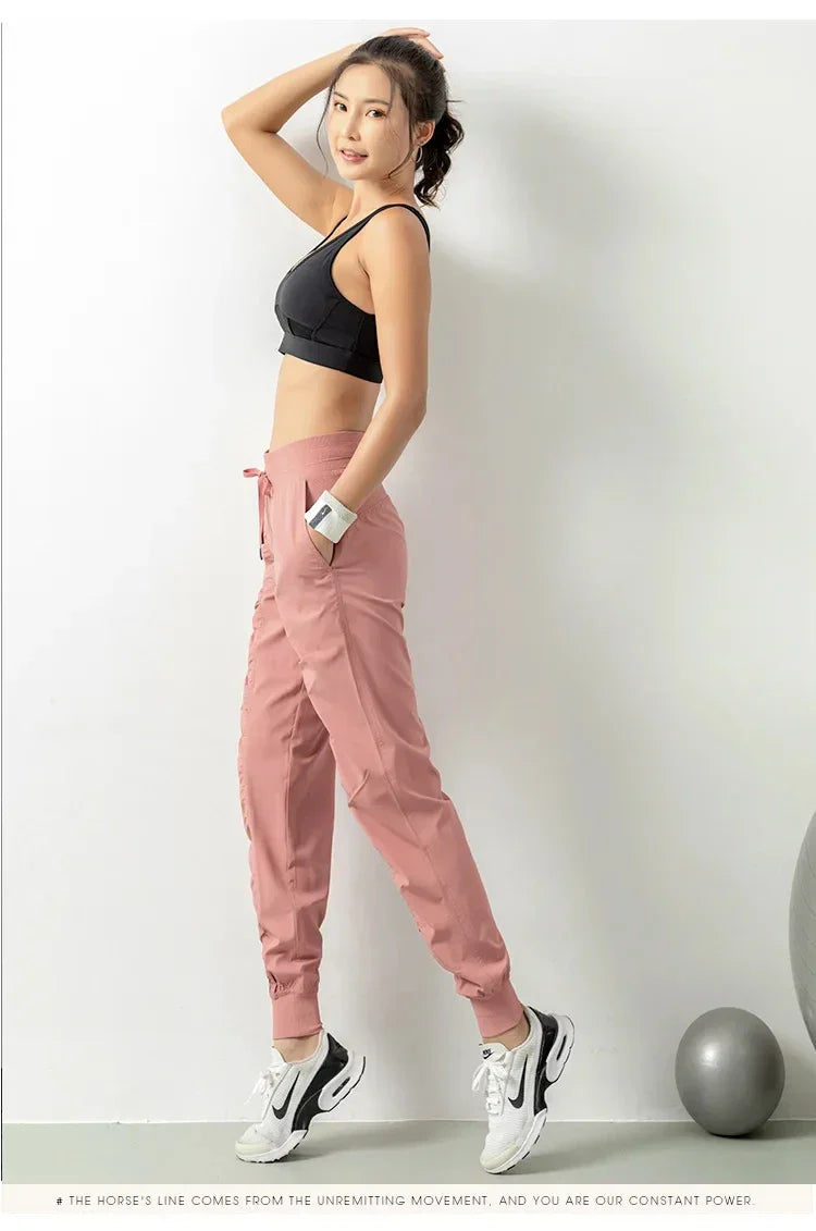 Fabric Drawstring Running Sport Joggers Women Quick Dry Athletic Gym Fitness Sweatpants with Two Side Pockets Exercise Pants