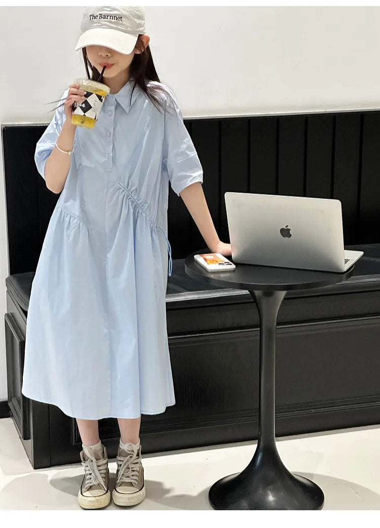Girls' Dress Short Sleeve Fluffy High-End School Style Medium to Large Sizes Trendy Fashionable, Lightweight