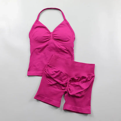 Yoga Longline Strappy Top Leggings Set Women's Backless Camisole Built-In bra Vest High-Waisted Hip Lift Gym Shorts Sports Set