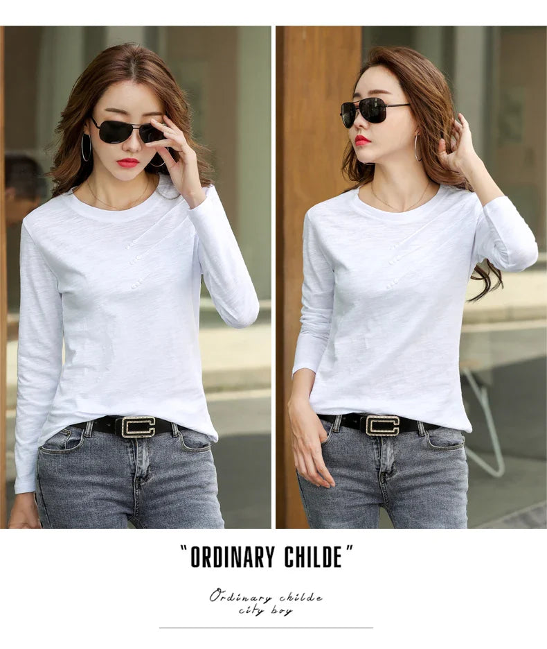Summer Women Ribbed Cotton Tee-Shirts Female Button Loose Casual Fashion T-shirts 2026 Long Sleeve O-Neck Korea Tops