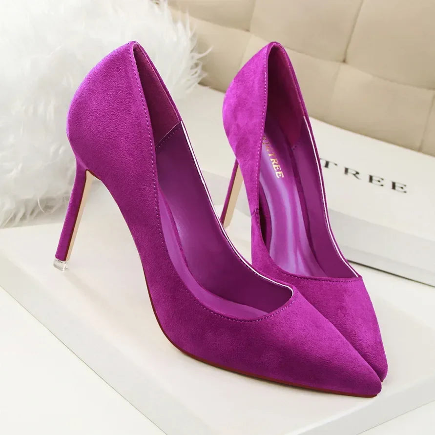 Women Elegant Flock Orange Purple Evening Banquet Party Pumps Lady Classic Scarpin New Burgundy 9cm High Heels Shoes Plus Size