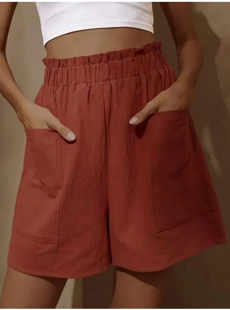Summer New Loose Large Size Casual Shorts Women's Solid High Waist Casual Pants Two Pockets Wide Leg Pants Female Shorts Sport