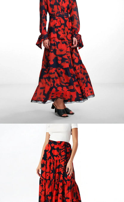 Women's Half length Skirt Summer Retro Red Printed Irregular Long Skirt Fashion Commuter Cake Skirt