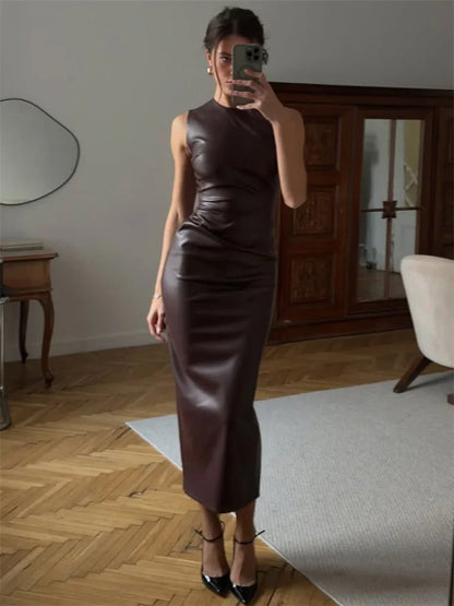 Fashion Maxi Dress For Women High Waist Sleeveless Slim Patchwork Solid Skinny Streetwear Female Bodycon Dress New