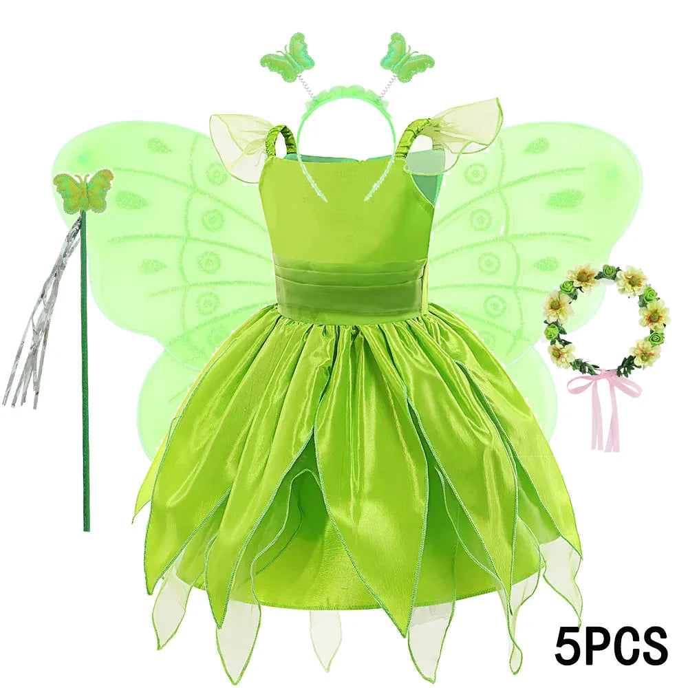 Childern Flower Fairy Dress Up Girls Princess Dress With Wings Halloween Elves Costume Carnival Party Tinkerbell Bell Dress