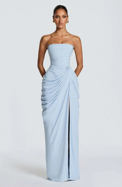 Women Sexy Solid Pleated Strapless Dress Lady Chic Off-shoulder Backless High Waist Split Dresses 2026 New Evening Party Gown