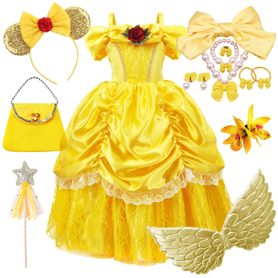 Girls Belle Cosplay Princess Dress Children Beauty Beast Clothes Birthday Carnival Christmas Party Costume Kids Ball Gown 2-11T