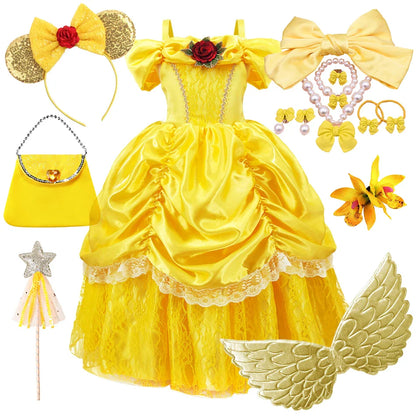 Girls Belle Cosplay Princess Dress Children Beauty Beast Clothes Birthday Carnival Christmas Party Costume Kids Ball Gown 2-11T