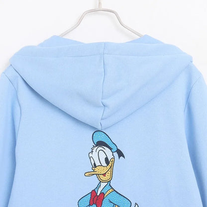 Donald Duck Letter Diamonds Fleece Sweatshirt Jacket Unisex Women Hooded Zip Up Jumper Tops