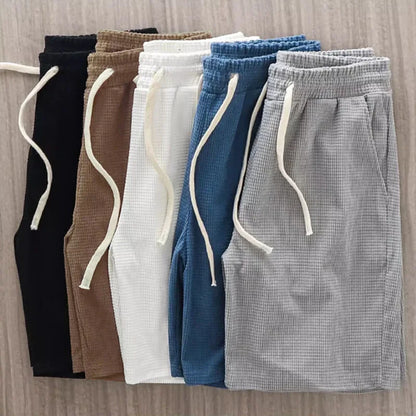 Men Shorts Solid Color Mid Waist Summer Motion Waffle Texture Deep Crotch Drawstring Male Shorts Loose Knee Length Casual Short