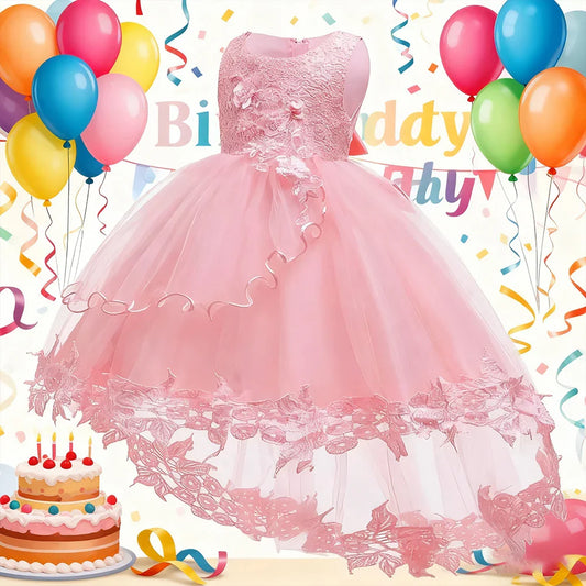 Vestido de Festa Infantil Assimétrico para Meninas, Vestido Elegante de Festa para Meninas, Vestido de Aniversário Rosa e Branco, Vestido de Princesa de Renda para Bebê Menina