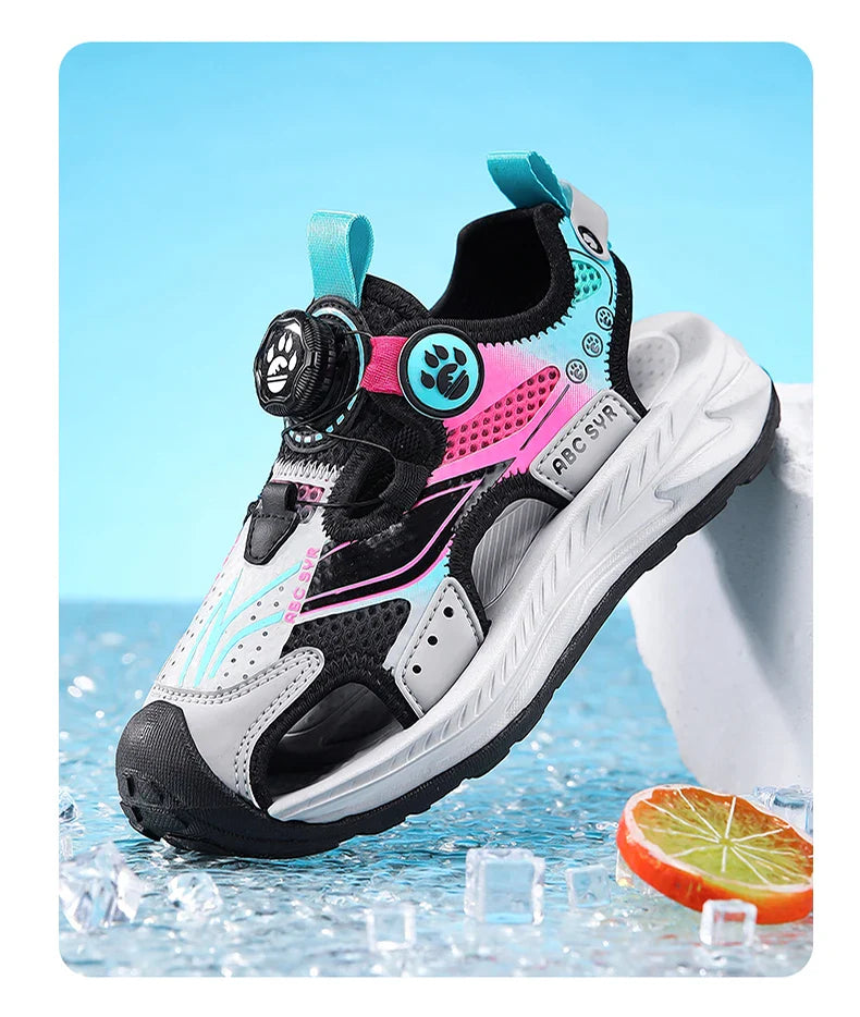 Kids Rotating Button Closed-Toe Sandals, Breathable Mesh Sport Shoes for Boys, Non-Slip Adjustable Summer Beach Sneakers