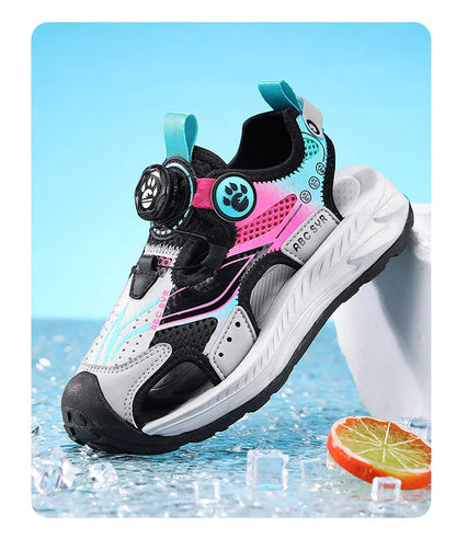 Kids Rotating Button Closed-Toe Sandals, Breathable Mesh Sport Shoes for Boys, Non-Slip Adjustable Summer Beach Sneakers
