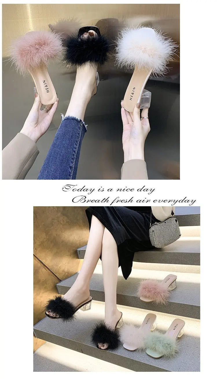 2023 Fluffy Peep Toe Sexy High Heels Women Shoes Fur Feather Lady Fashion Wedding Slip-On Pink Square Toe Women Sandals