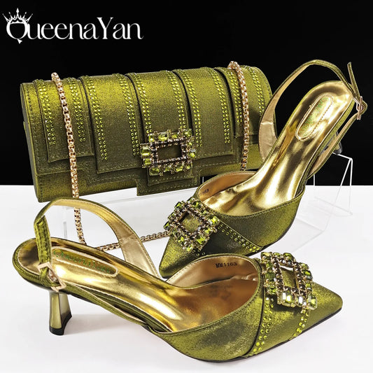 Elegant Noble Party Wedding Shoes And Bag Pointed Toe Decorated With Rhinestone Women Heel Shoes