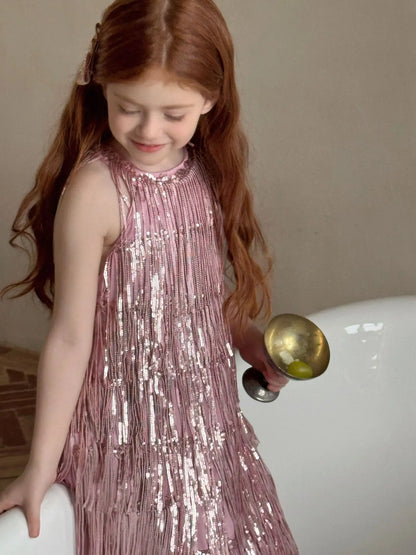 Vestido Infantil Meninas 2025 Verão Novo Moda Infantil Vestido de Borla Brilhante de Luxo Vestido de Aniversário para Meninas