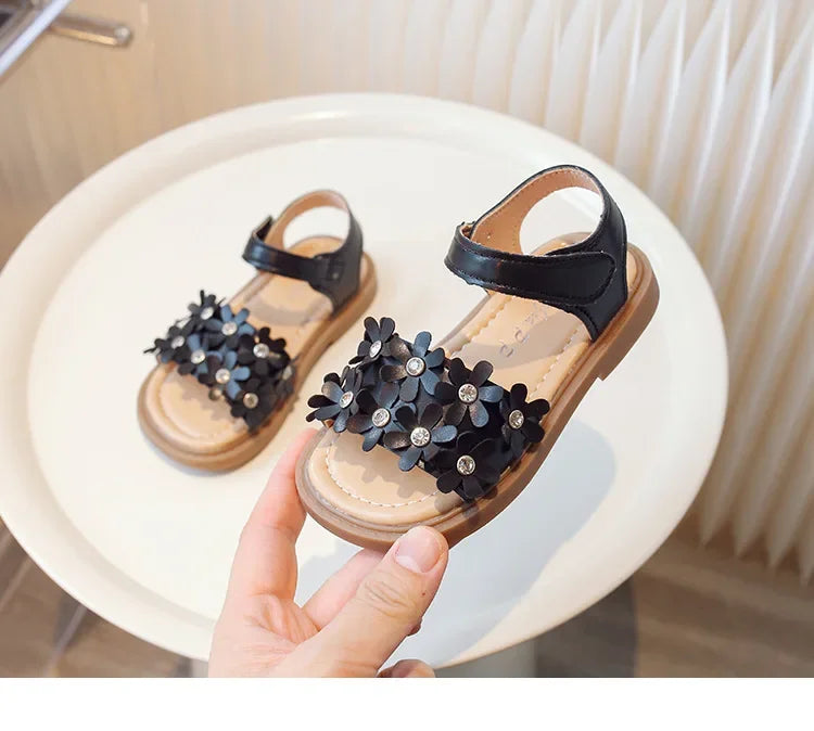 Little Girls Floral Bohemian Sandals with Beads Princess Sweet Kids Summer Shoes Open Toes Anti-skid Size 22-31Hook & Loop Cute
