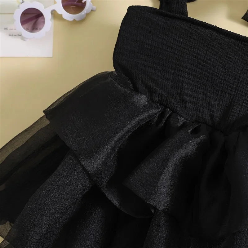 Vestido de tule de festa de princesa de verão com alça de laço, roupa de malha para bebês, vestido de aniversário infantil de manga curta, vestido de tule para meninas de 1 a 6 anos