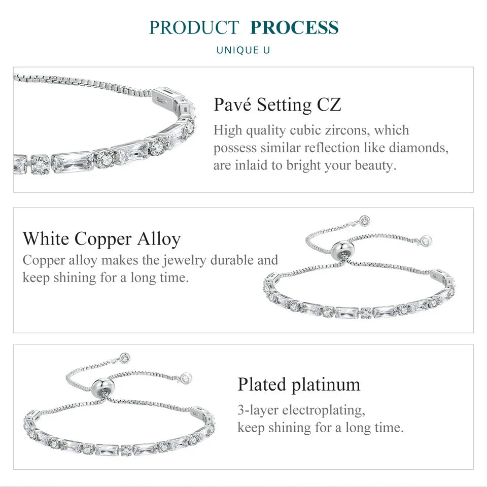 Luxury Square Zircon Adjustable Bracelet Sparkling Zirconia Chain Link for Men Women Birthday Gift Crystal Fine Jewelry