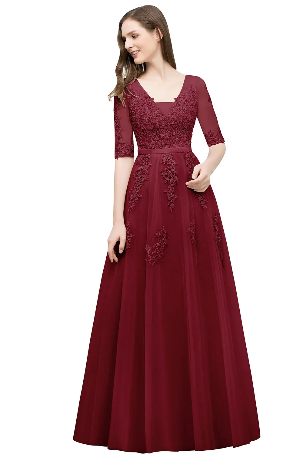 Sliver Evening Dress with Sheer Sleeves & Floral Embroidery, Elegant A-Line Gown with V-Back for Wedding Party