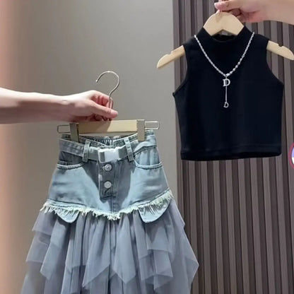 Girls' Summer New Set 2025 Korean Version Baby Girl Tank Top Mesh Splicing Cowboy Skirt Set kids jacket