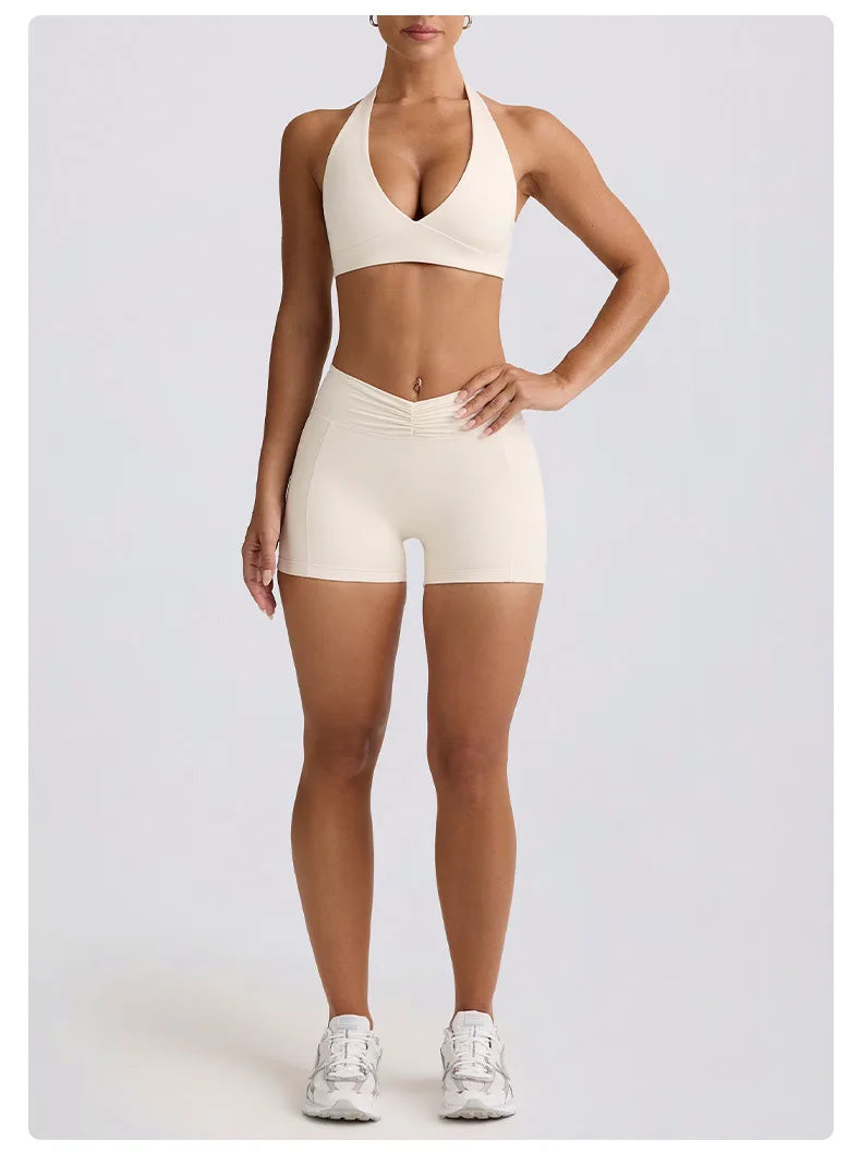 Women's Yoga Suits Quick Drying Leggings Gym Shorts Nude Hanging Neck Bra Running Gym Exercise Sets