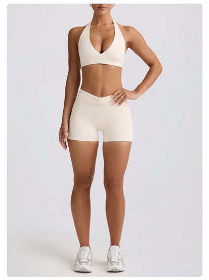 Women's Yoga Suits Quick Drying Leggings Gym Shorts Nude Hanging Neck Bra Running Gym Exercise Sets
