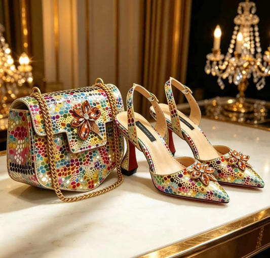 Elegant Rhinestone Heels & Matching Bag Set, Colorful Print Pointed Toe Block Heels for Banquet Club Night