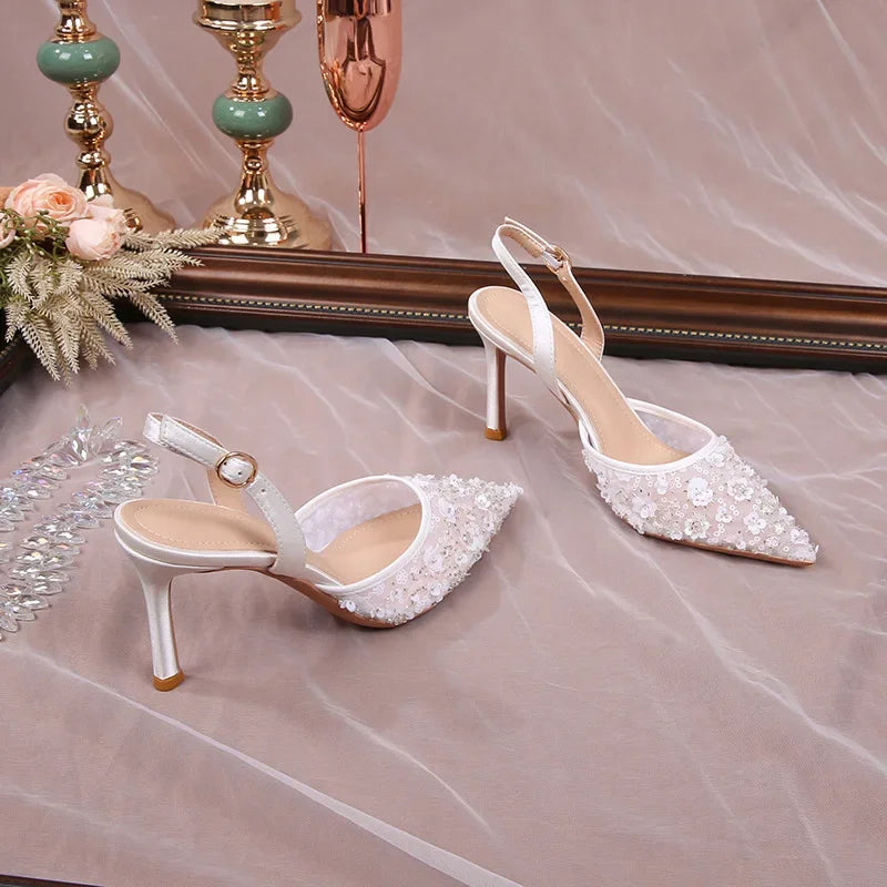 Size 34-42 2025 Summer Beaded High Heel Wedding Shoes Women Lace Mesh Party Dress Shoes