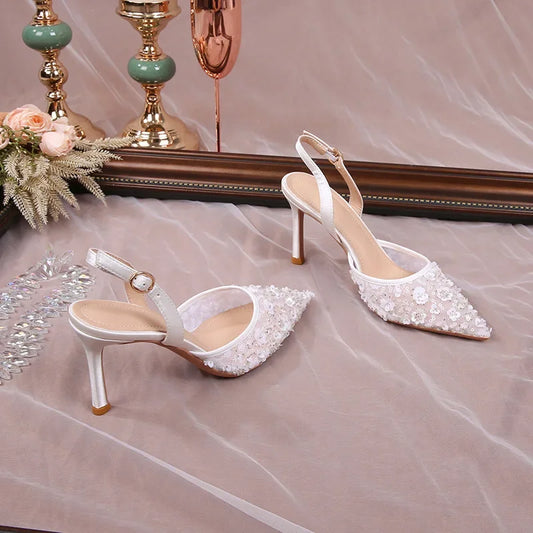 Size 34-42 2025 Summer Beaded High Heel Wedding Shoes Women Lace Mesh Party Dress Shoes