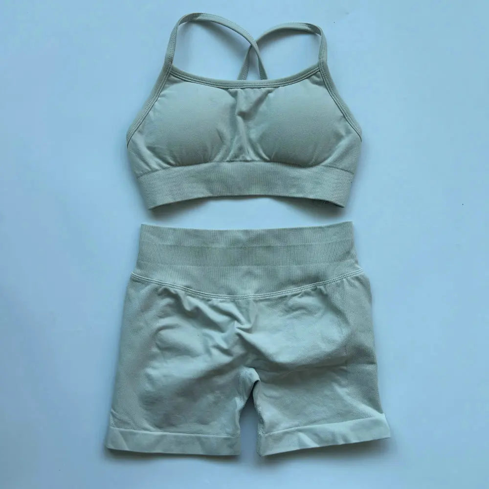 No Logo Women 2 Pieces Yoga Set Cross Straps Bra Beautiful Back Tops High Waist Sport Short Scrunch Bum Workout Short Gym Suit
