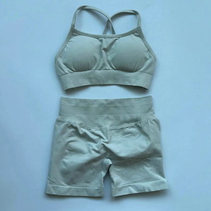 No Logo Women 2 Pieces Yoga Set Cross Straps Bra Beautiful Back Tops High Waist Sport Short Scrunch Bum Workout Short Gym Suit