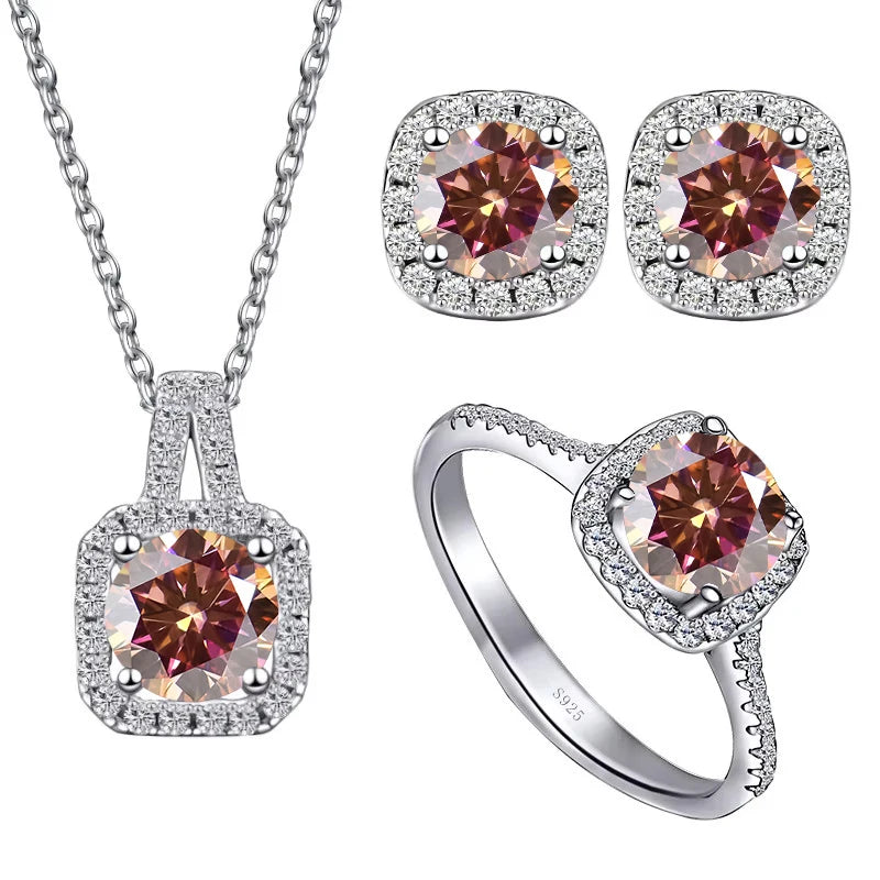 S925 Sterling Silver jewelry for women 1 carat moissanite diamond 3 pieces set necklace ring earrings wedding party