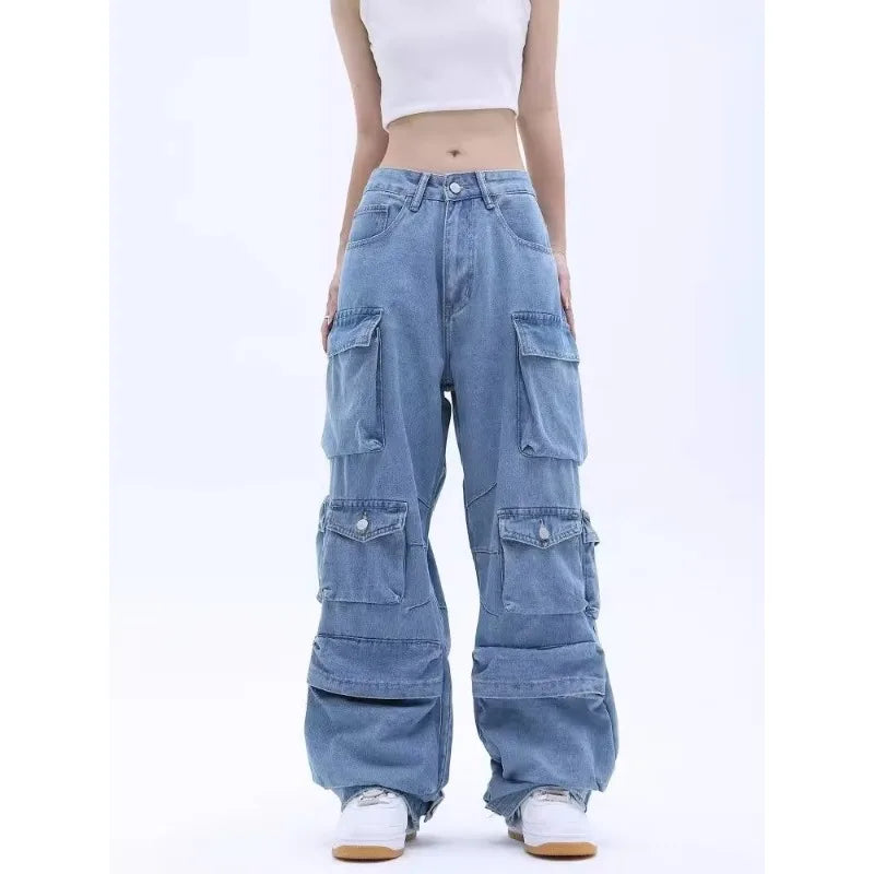 Multi-Pocket Blue Washed Jeans Cargo Pants