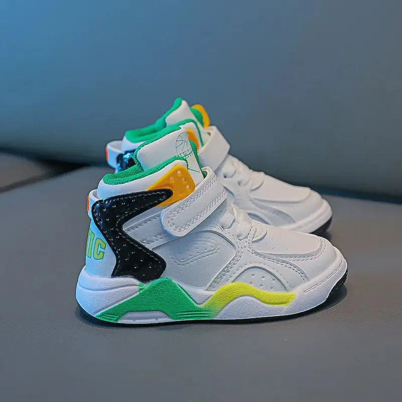 Children's Spring Autumn Casual Shoes Boy's Leather High Top Color Matching Sports Casual shoes Wear Resistant Basketball Shoes