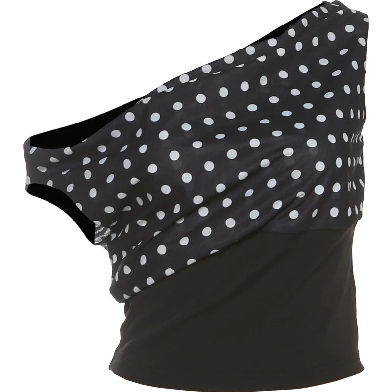 Polka Dots Print T-Shirts Women Summer Trend Skew Collar Off Shoulder Backless Street Fashion Trend Ruched Crop Tops