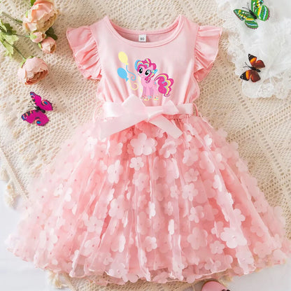 My Little Ponys Girls Summer Dress Cartoon Bow Tutu Dress 3D Butterfly Cotton Party Casual Dress for Baby 2-6Y