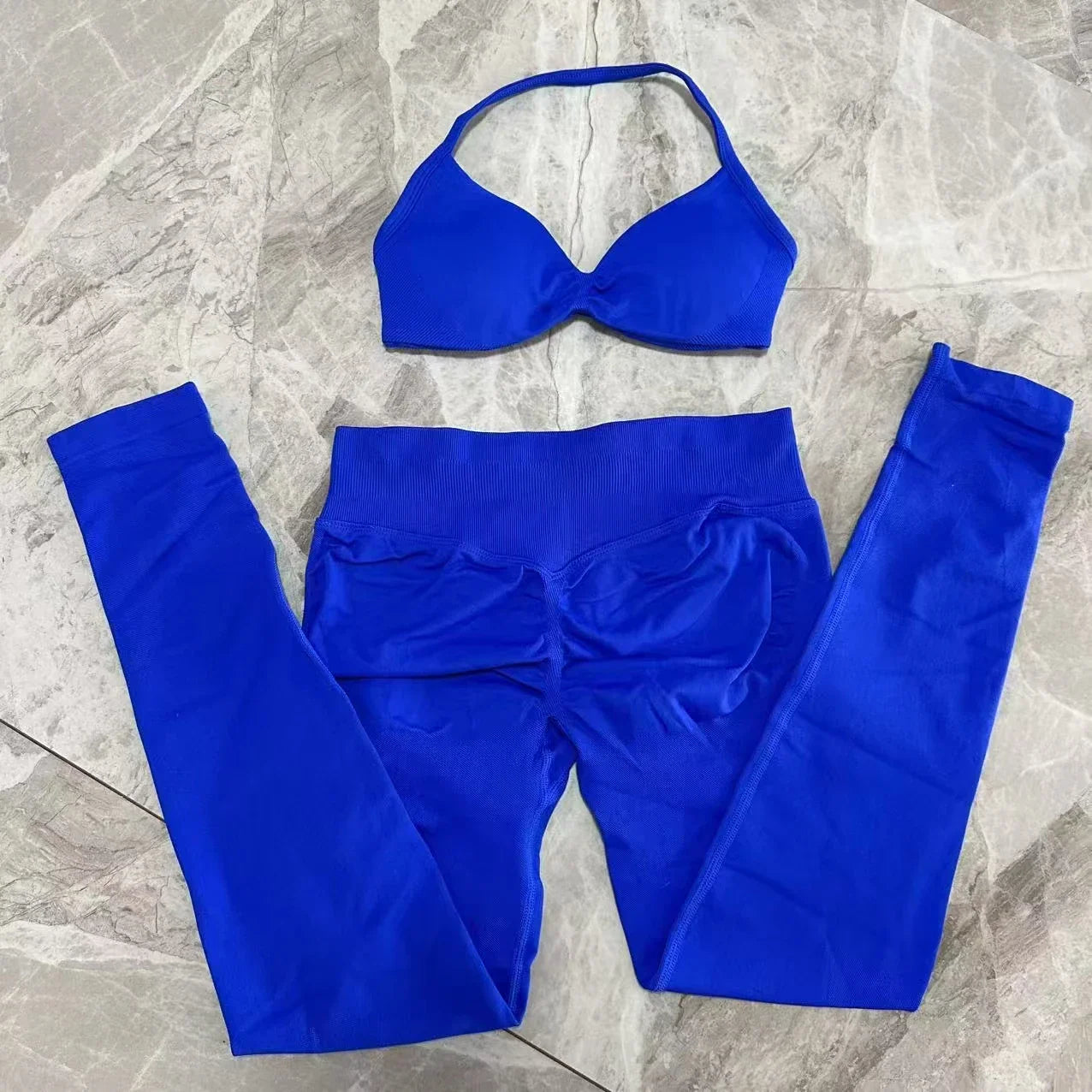2pcs Seamless Yoga Set Women Yoga Scrunch Leggings Set Strappy Halter Sports Bra Fitness Gym Clothing Workout Set
