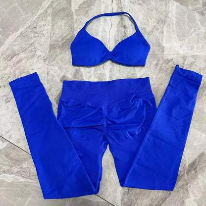 2pcs Seamless Yoga Set Women Yoga Scrunch Leggings Set Strappy Halter Sports Bra Fitness Gym Clothing Workout Set