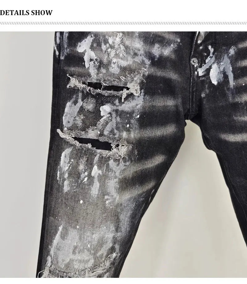 Street fashion men's black gray jeans, high-quality stretch slim fit painted corrugated jeans designer retro hip-hop brand pants