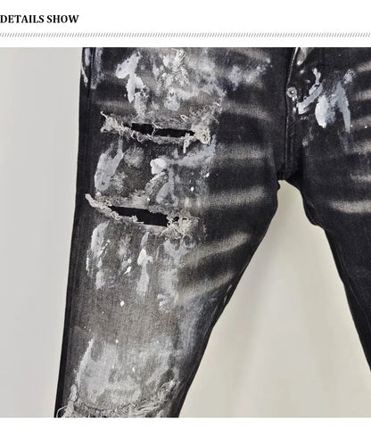 Street fashion men's black gray jeans, high-quality stretch slim fit painted corrugated jeans designer retro hip-hop brand pants