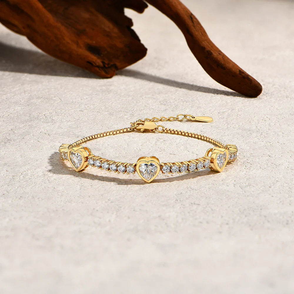 Heart Shaped Moissanite Bracelet for Women S925 Sterling Silver Adjustable Tennis Chain Gold Plated Trendy Fine Jewelry