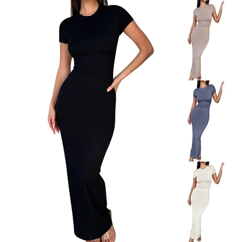 Skinny Women's Bodycon Party Dress Fashion O-neck Short Sleeve Solid Color Wraped Hip Package Long Dress Female Sexy Dress
