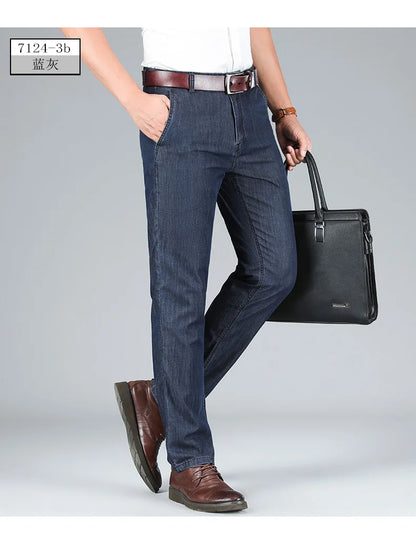 2026 Brand High Lyocell  Men's Fit Straight Lightweight Cotton Stretch Denim Business Casual High Waist Thin Light Grey Jeans