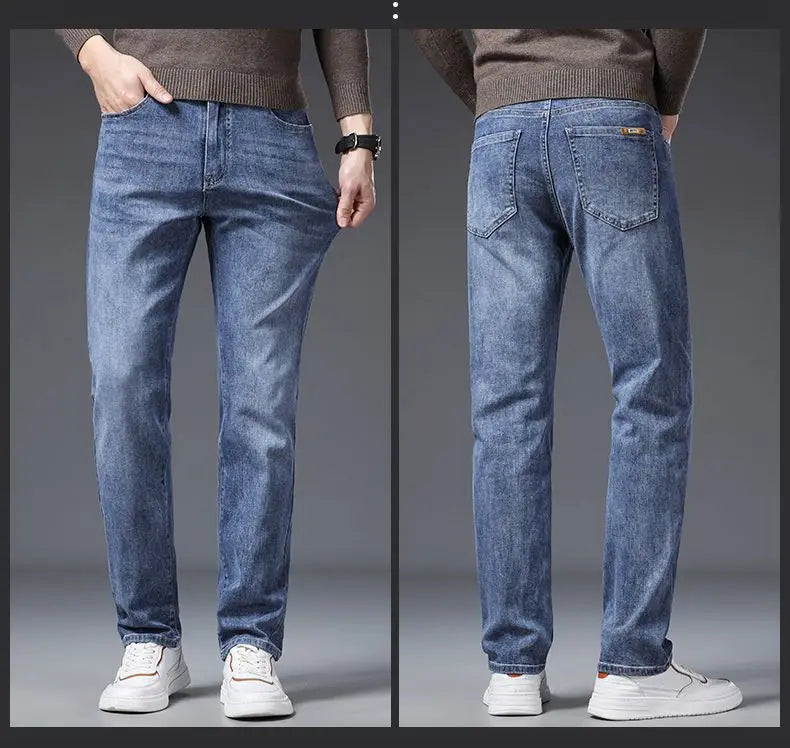 Calça Jeans Masculina Coreana Macia Elástica Slim Fit Negócios Casual Reta Jeans Clássica Marca Azul Lavado Cinza