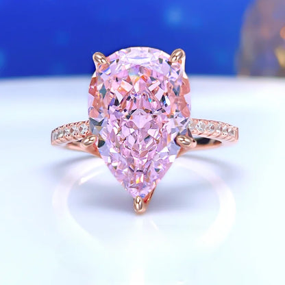 Fashionable, niche, high-end,versatile 925 sterling silver droplet pink diamond ring inlaid with high carbon diamond temperament