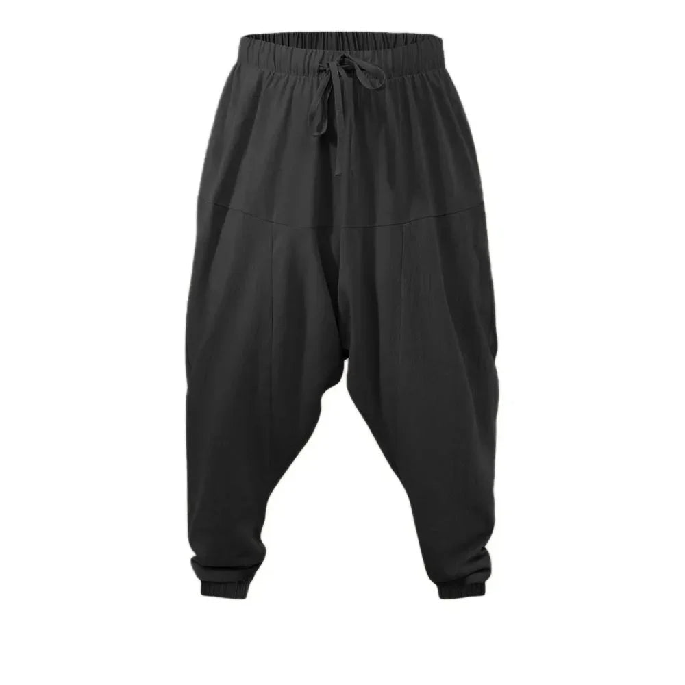 Harem Pants for Men Cotton Linen Drop Crotch Cozy Streetwear Loose Fit Breathable Lightweight Long Pants Male Joggers
