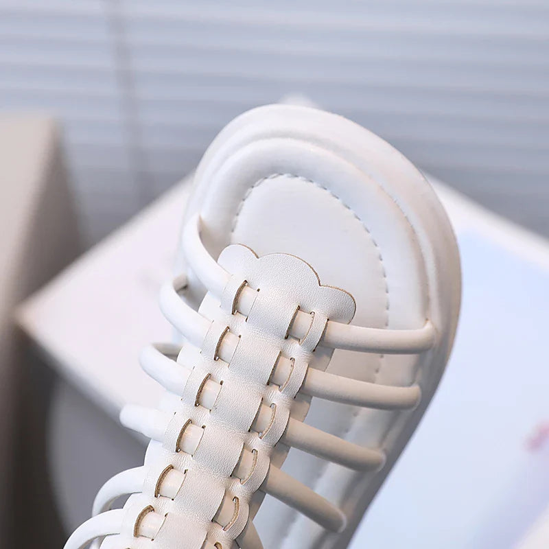 Girl's Sandals Gladiator Style Hollow-out Ankle-high Chunky Kids Summer Shoes White Black Zipper Chic Children Sliders 21-36